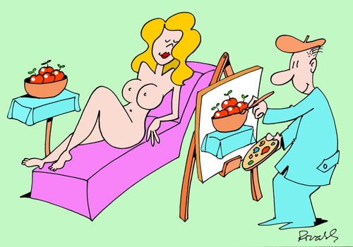 Artist overlooks naked model for a bowl of apples.