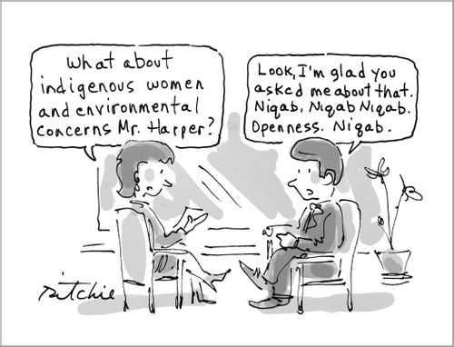 Stephen Harper: "Look, I'm glad you asked me about that. Niqab, Niqab, Niqab, Openness. Niqab."