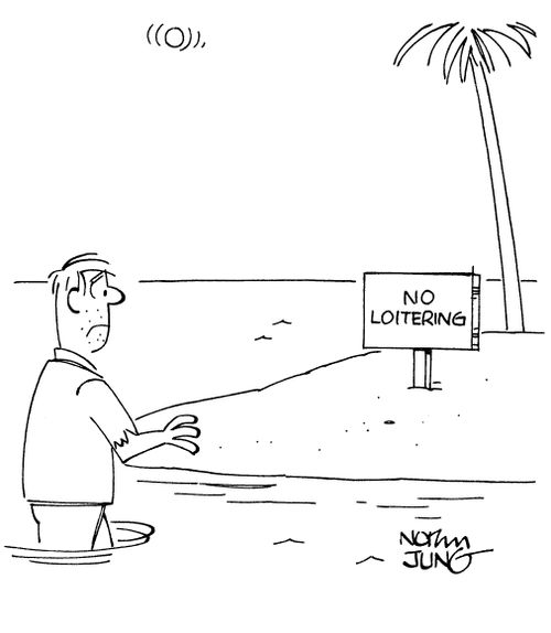 Castaway approach desert island which has 'No Loitering' sign