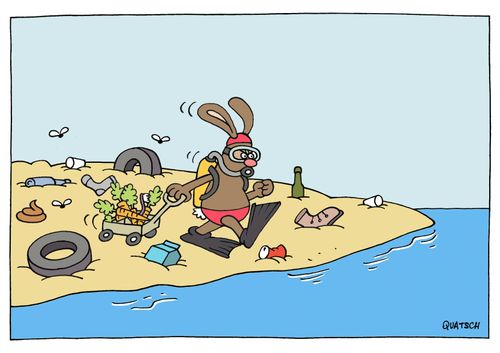 Rabbit trying to escape a polluted beach.