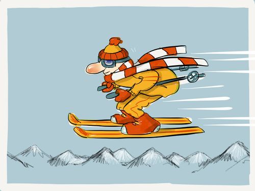 Skier flying past mountains
