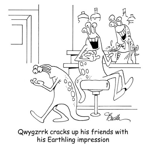 Owygzrrk cracks up his friends with his Earthling impression