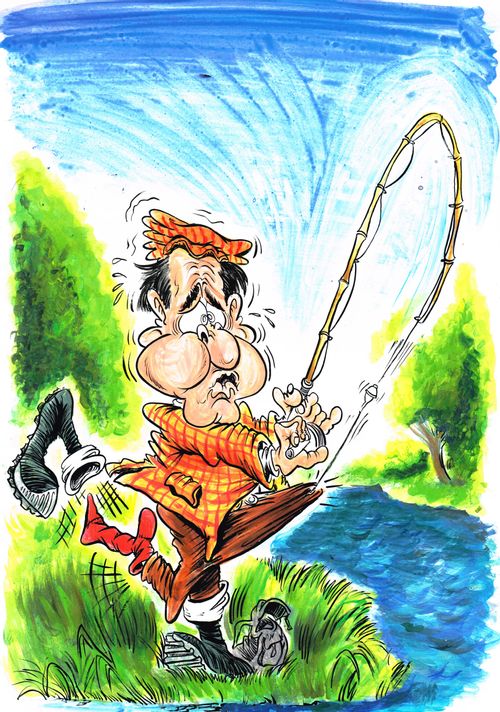 Fisherman snags his hook on his own trousers.