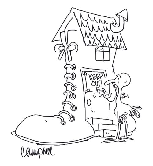 Stork with baby sees keep out sign on door of shoe.