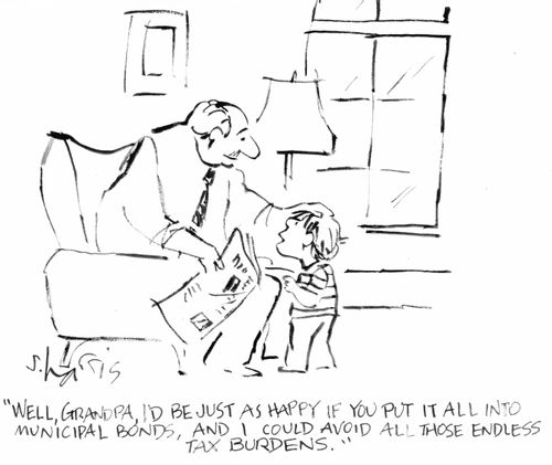 "Well, Grandpa, I'd be just as happy if  you put it all into musical bonds, and I could avoid all those endless tax burdens."