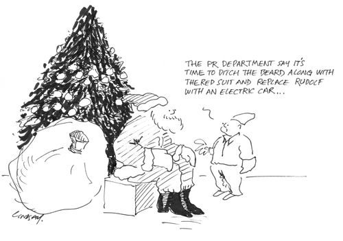 "The PR department say it's time to ditch the beard along with the red suit and replace Rudolf with an electric car..." 