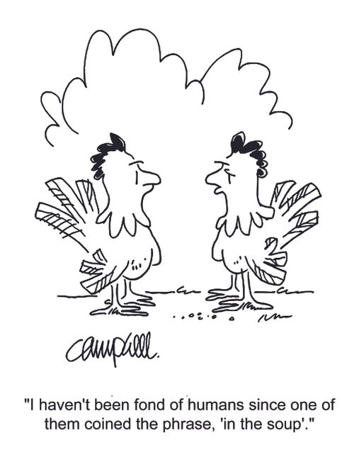 "I haven't been fond of humans since one of them coined the phrase, 'in the soup'."