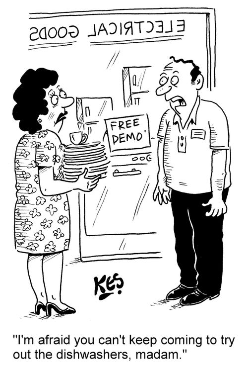 "I'm afraid you can't keep coming to try out the dishwashers, madam."