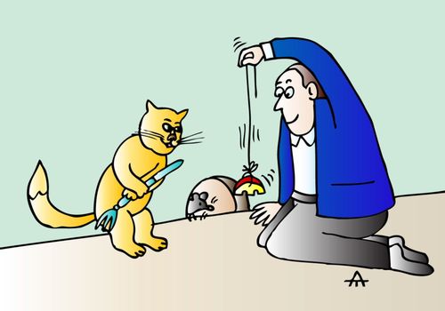 Cat and man ambush a mouse.
