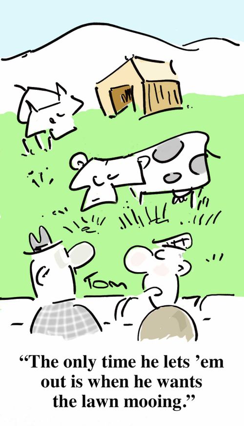 "The only time he lets 'em out is when he wants the lawn mooing."