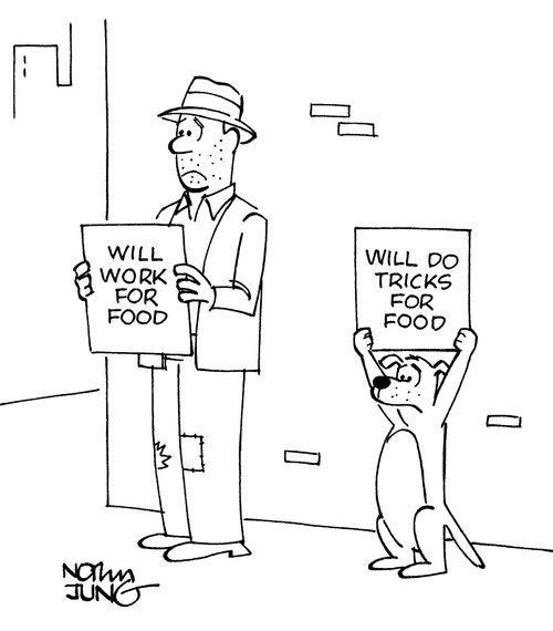 Hobo soliciting on street. His dog also solicits with sign, 'Will do tricks for food'.