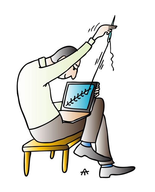 Man stitching up a broken laptop screen.