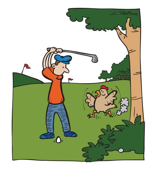 Golfer mistakes a hen's egg for his golf ball.