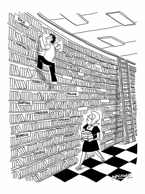 Rock climber getting books from top shelf