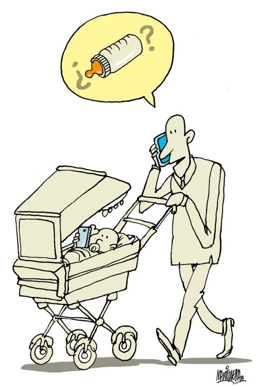 A man and his baby both using phones.