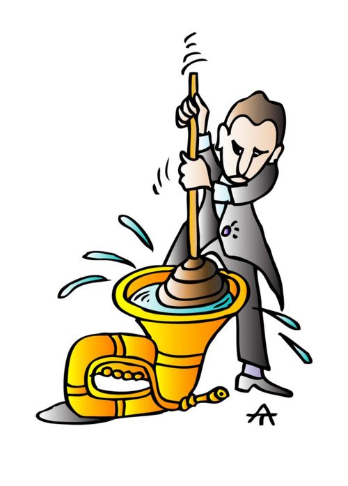 Man using a plunger on his horn.