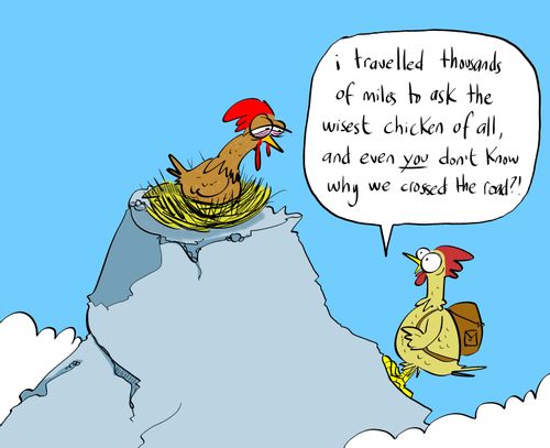 "I travelled thousands of miles to ask the wisest chicken of all, and even YOU don't know why we crossed the road?!"