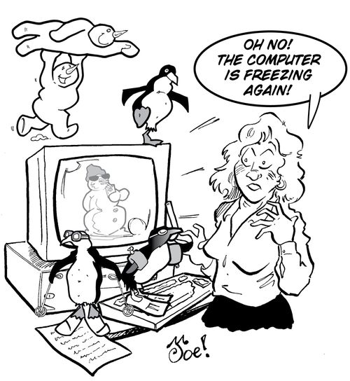 "Oh no! The computer is freezing again!"