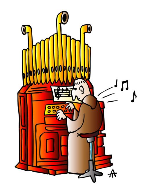 Monk playing an organ.