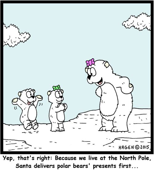 "Yep, that's right: Because we live at the North Pole, Santa delivers polar bears' presents first..."