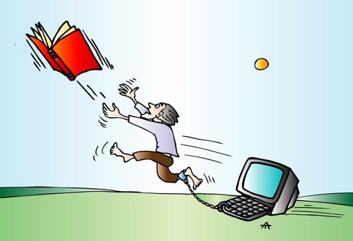 Man chained to a computer reaches for a book.