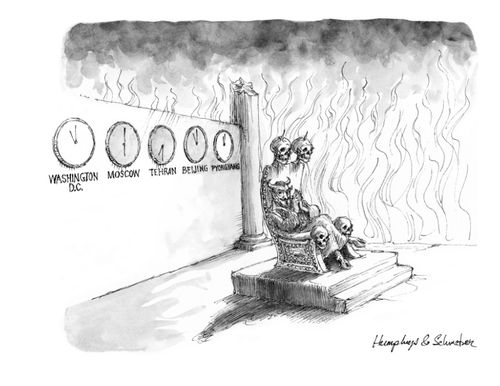 The devil sits in front of clocks showing the time in various capitals