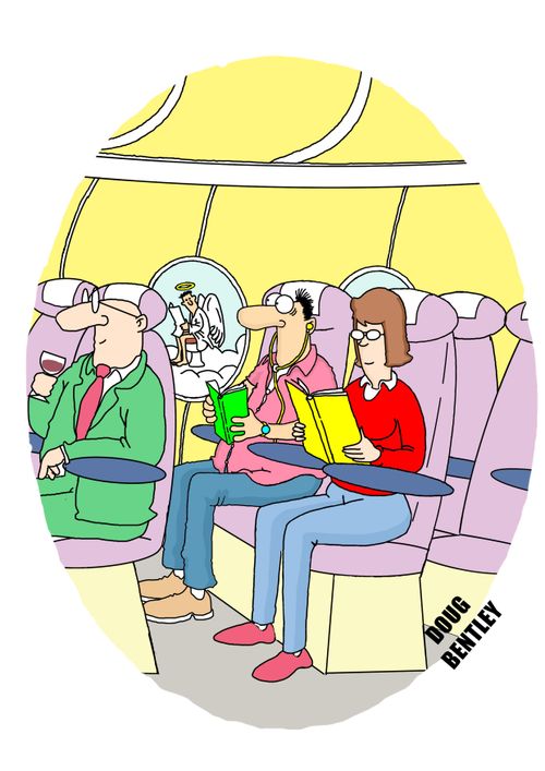 Airline passenger notices angel sat on toilet on clouds outside aircraft.