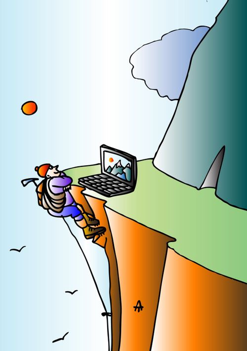 Mountaineer finds a computer at the top of the mountain.
