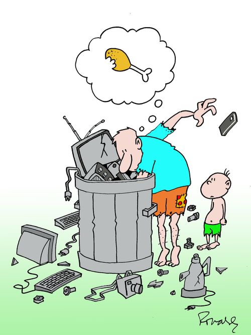 Man looking through a bin full of obsolete technology for something to eat.
