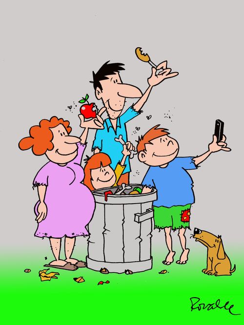 Poor family does a selfie of what they have found in a garbage can.