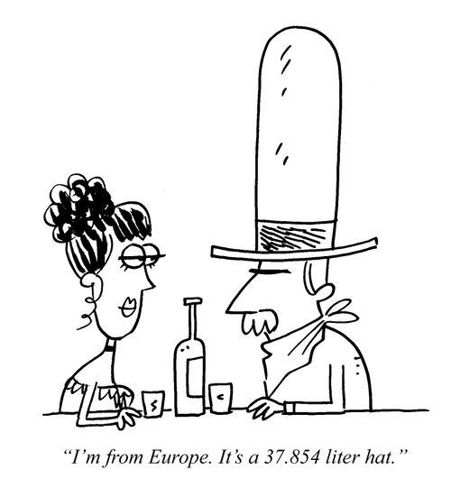 "I'm from Europe. It's a 37.854 liter hat."