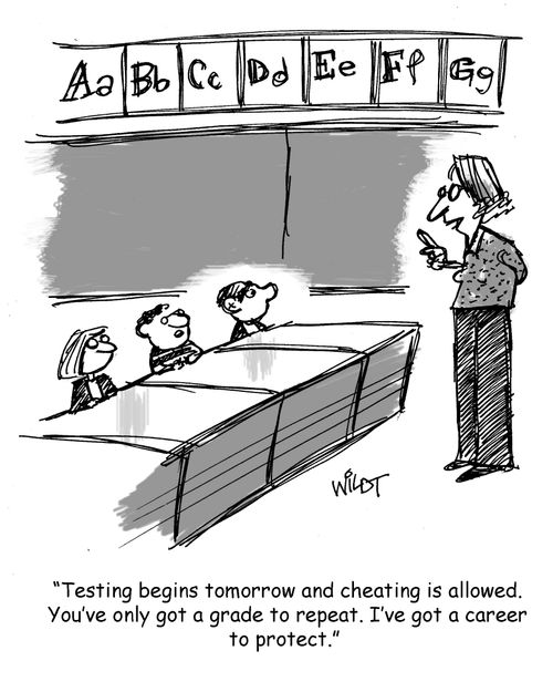 "Testing begins tomorrow and cheating is allowed. You've only got a grade to repeat. I've got a career to protect."