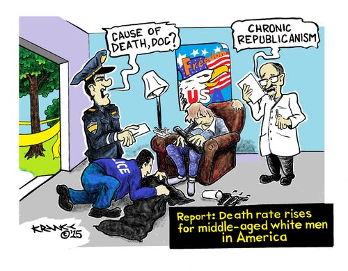 Report: Death rate rises for middle-aged white men in America.