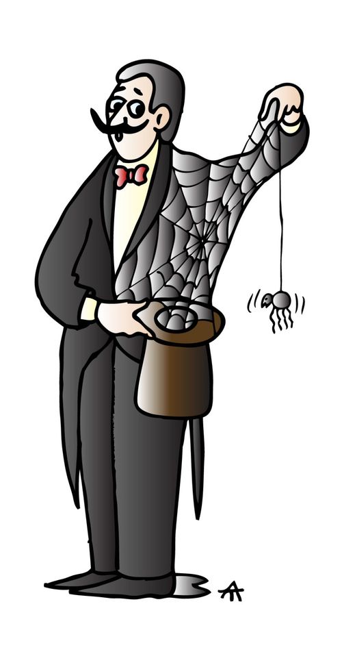 Magician pulls a spider out of his hat.