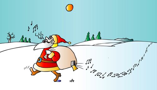 Santa Claus leaking musical notes.