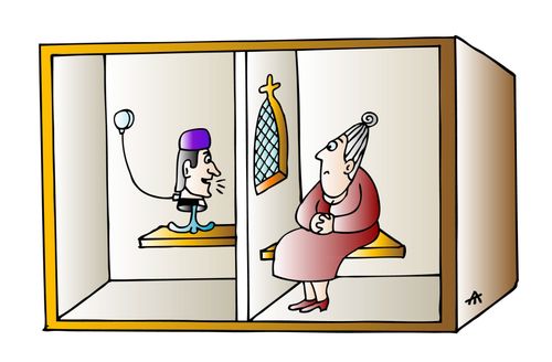 Fake priest in the confession booth.