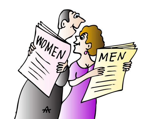 Woman reading about men whilst a man reads about women.