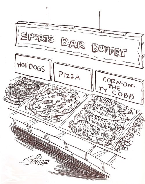 sports bar buffet : Hotdogs/pizza/Corn-on-the-Ty Cobb