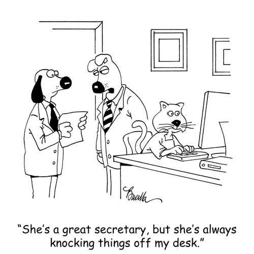 "She's a great secretary, but she's always knocking things off my desk."