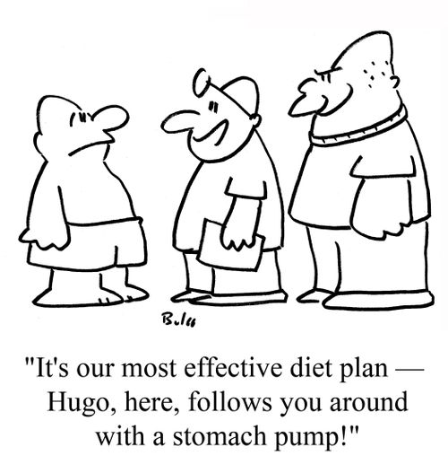 "It's our most effective diet plan - Hugo, here, follows you around with a stomach pump!"
