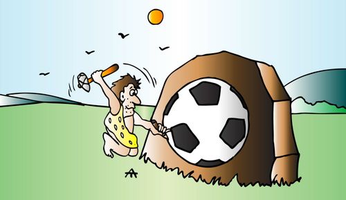 Ancient man sculpting a football.