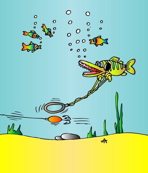 Fish using a metal detector to avoid fishing hooks.