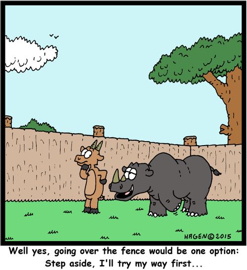 "Well yes, going over the fence would be one option: Step aside, I'll try my way first..."