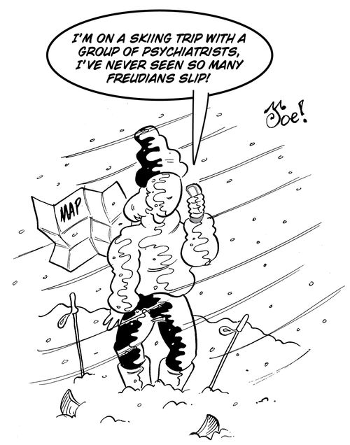 "I'm on a skiing trip with a group of psychiatrists, I've never seen so many Freudians slip!"