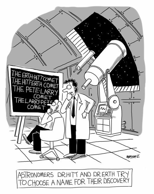 Astronomers Dr. Hitt and Dr. Earth try to choose a name for their discovery