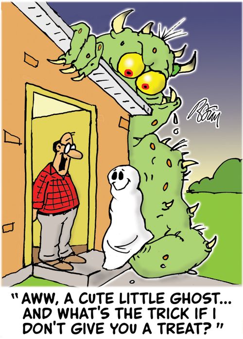 "Aww, a cute little ghost...and what's the trick if I don't give you a treat?"