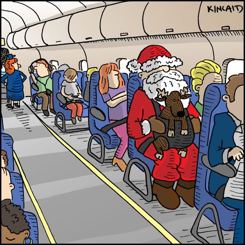 Image of Santa on a plane with a reindeer. 