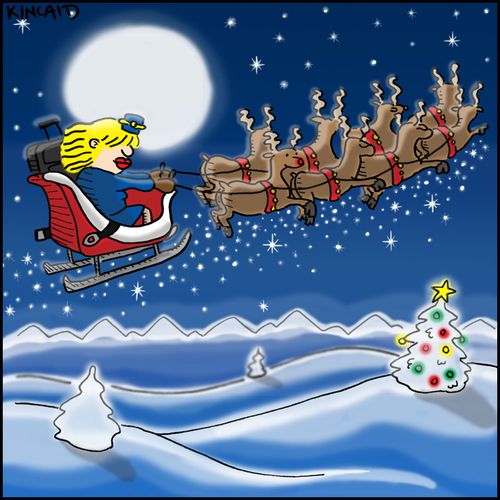 Flight attendant piloting Santa's sleigh. 
