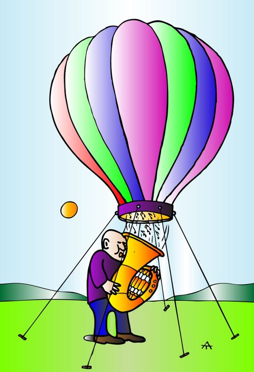 Musician filling a hot air balloon.
