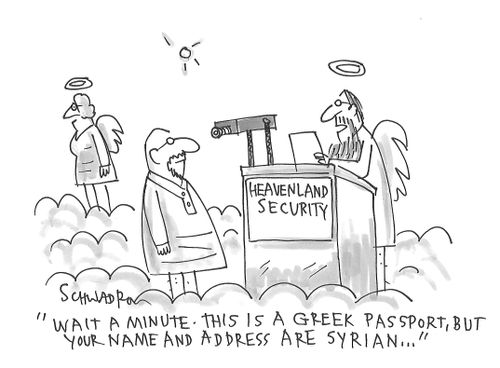 "Wait a minute. This is a Greek passport, but your name and address are Syrian..."